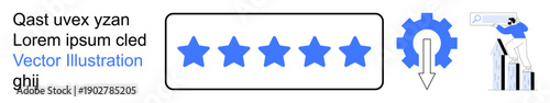 Customer feedback, review ratings, quality assurance, business growth, data analysis, performance improvement. Five-star rating, gear icon growth chart person analyzing data. Customer feedback
