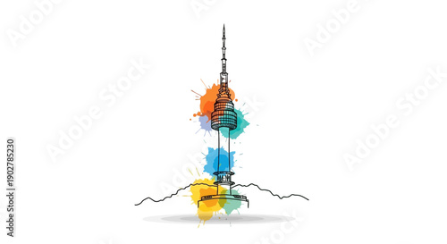 Vibrant Illustration of Iconic Tower, Urban Landscape, Digital Art, Colorful Environment, Creative Viewpoint, Modern Concept