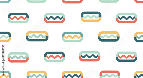Simple hot dog icons with wavy mustard and ketchup in a repeating pattern