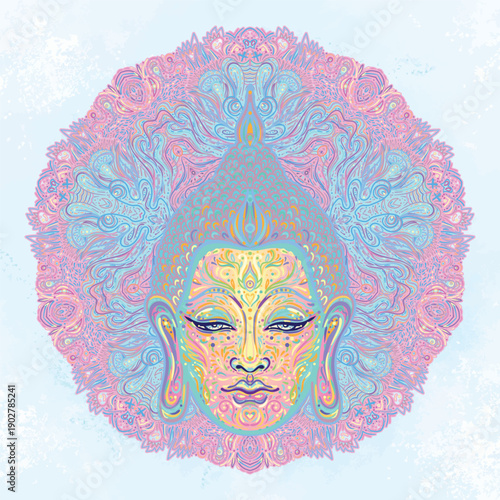 Acid Lord Buddha, ornate mandala round pattern mushroom illustration. Esoteric vintage vector illustration. Indian, Buddhism, spiritual art. Hippie tattoo, spirituality, rave party poster.