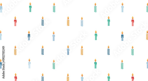Seamless pattern of colorful birthday candles with flames, flat design vector