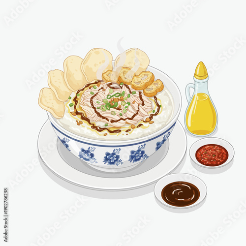 Chicken porridge or 'bub ur ayam jakarta' with shredded chicken, soybeans, scallions, crackers, sauce aside.