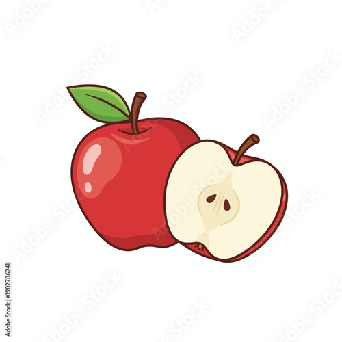 Red whole apple with one sliced apple showing seeds on clean background.