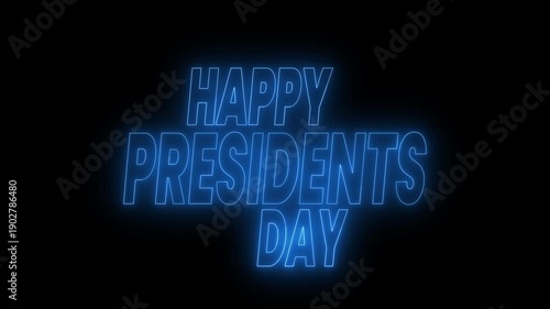Happy presidents day text animation in blue neon lighting. 4k animated typography perfect for social media posts, holiday promotions, educational presentations, and patriotic designs.
