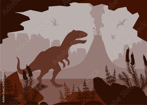 Prehistoric landscape with silhouette of dinosaurs - tyrannosaurus rex and pterodactyl, ancient plants, cave, mountains and volcano. Vector nature illustration. Image with extinct animals.