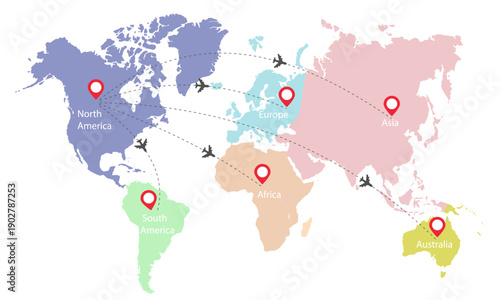 World map showing regions of continents with travel routes among North America, South America, Europe, Africa, Asia, and Australia. Vector illustration