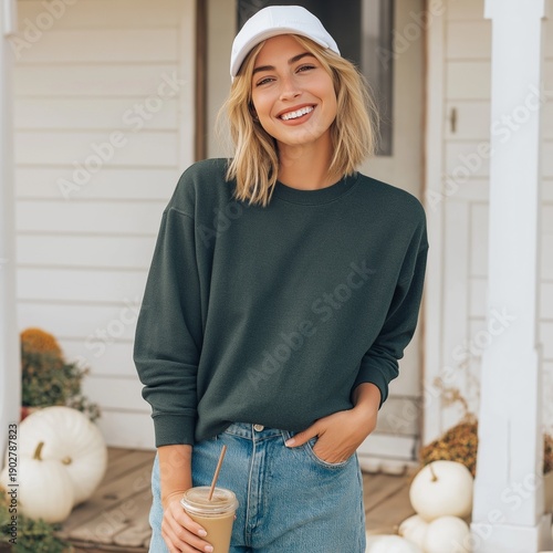Sweater Mock-up Cute smiling woman wearing military green crewneck sweatshirt outside farmhouse in fall