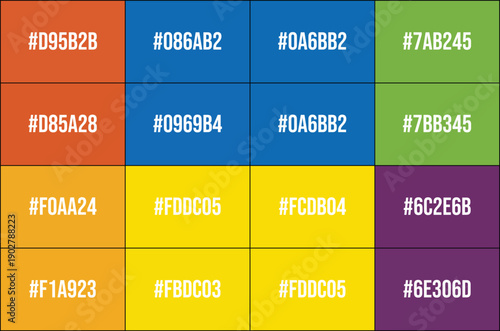 Grid of twelve color swatches with hex codes displayed in white text color palette