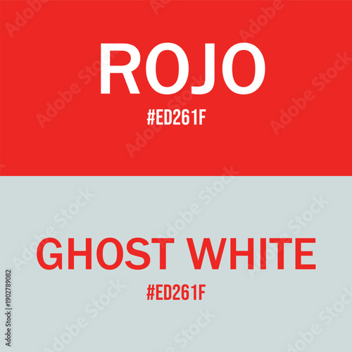 Red Rojo and Ghost White text with hex codes on contrasting backgrounds