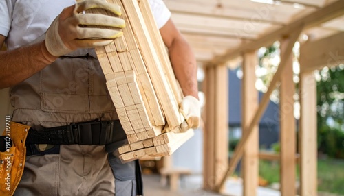 Construction worker in protective gloves carrying stack of timber planks at building site