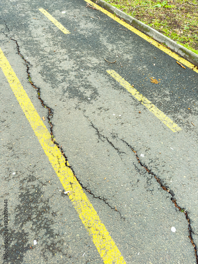 Fototapeta premium Cracks appear in yellow lines on asphalt road marking during daylight in a suburban area