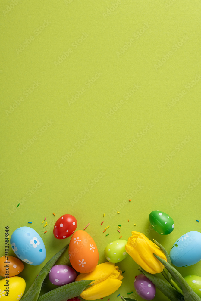Obraz premium A vertical vibrant Easter scene features colorful eggs and yellow tulips along the bottom of a lime background, conveying spring joy, celebration, and a warm greeting for the holiday