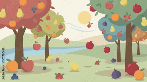 Vibrant fruit trees in a lush orchard by a serene river