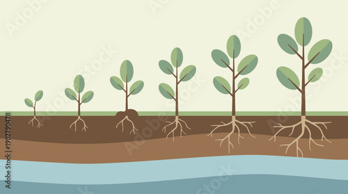 Plants growing in soil with roots developing under water table