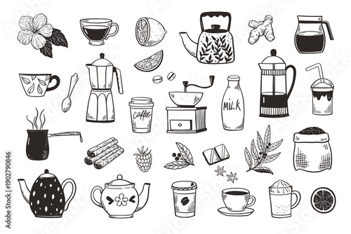 Set of coffee and tea pots, coffee cups, grinder and percolator. Isolated design elements for menu, packaging. Black and white vector illustration.