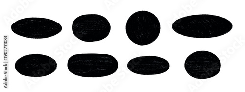 Hand-drawn doodles with crayon or pencil texture. Set of black oval and round box frames and stamps for creative projects