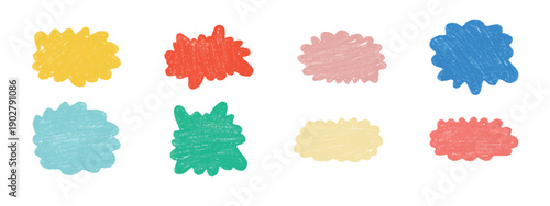 Cute pastel doodle box frames with crayon texture. Set of colorful hand-drawn abstract blobs and borders
