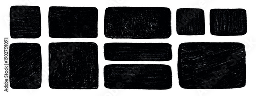 Set of black crayon hand-drawn box frames. Doodle square borders featuring chalk textures and pencil outlines