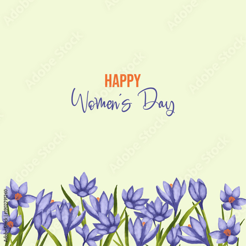 Hand-painted watercolor crocus flowers illustration created as a delicate spring greeting design for International Women’s Day. Soft floral composition in gentle pastel tones symbolizing femininity