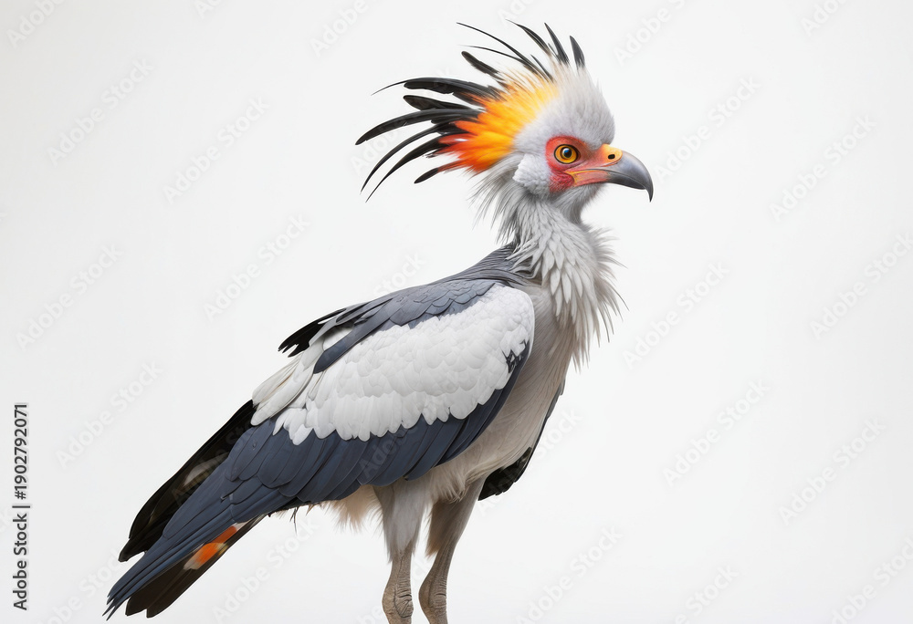 Fototapeta premium Colorful Secretary Bird, with crest feathers and a serious look, white background