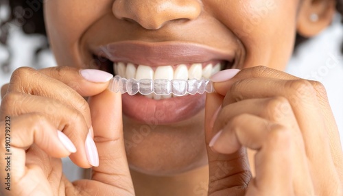 Woman Inserting Clear Aligners for Teeth Straightening