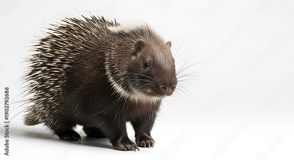 Fototapeta premium Small hedgehog isolated on white background, details of quills and fur are clearly visible, concept of wildlife, mammals, exotic fauna and natural elements.