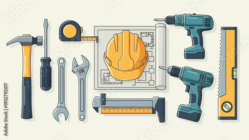 Essential Construction and DIY Tools Collection with Blueprint and Hard Hat.
