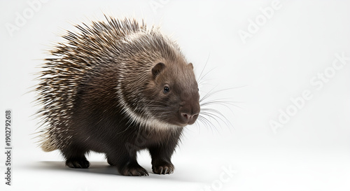 Small hedgehog isolated on white background, details of quills and fur are clearly visible, concept of wildlife, mammals, exotic fauna and natural elements.