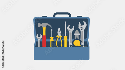 Open blue toolbox filled with various hand tools for repair.