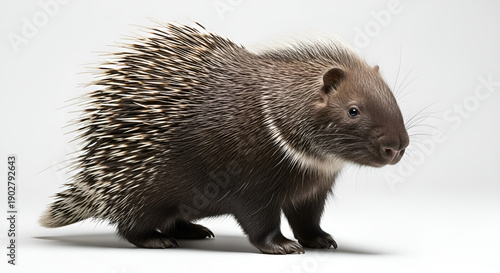 Small hedgehog isolated on white background, details of quills and fur are clearly visible, concept of wildlife, mammals, exotic fauna and natural elements.
