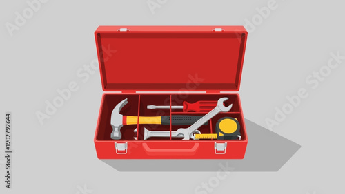 Open red metal toolbox with various hand tools for repair and construction.