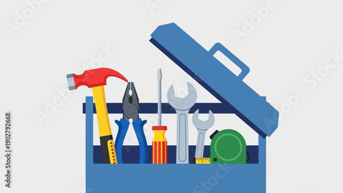 Essential Hand Tools Neatly Organized in a Blue Metal Toolbox.