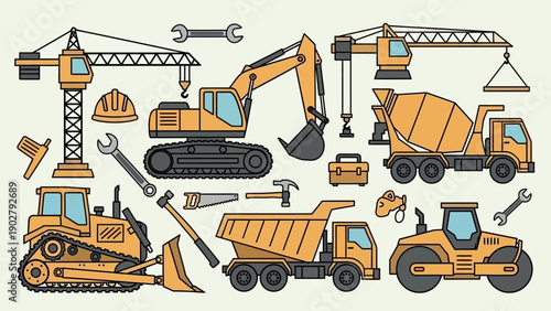 Construction Vehicles and Tools Set.