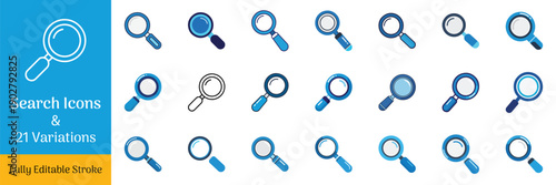 Collection of Search Magnifying Glass Icons Vector Illustration Set with 21 Variations