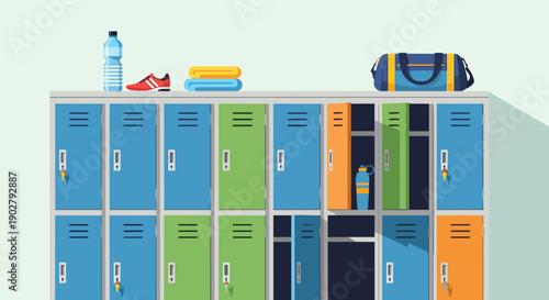 Colorful School Lockers with Belongings Inside.