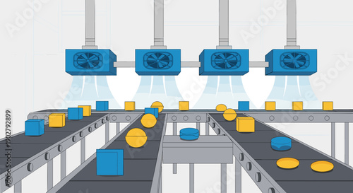 Conveyor Belt System with Blue and Yellow Objects.
