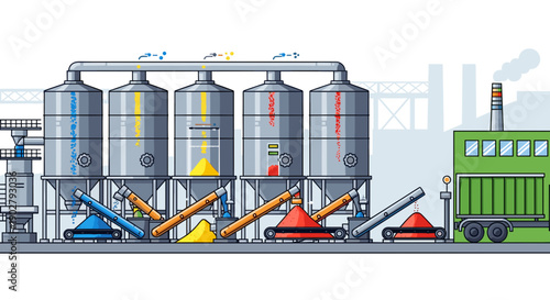 Industrial Grain Silos and Conveyors Illustration.