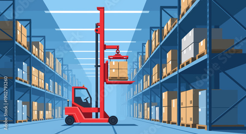 Red Forklift in Warehouse with Cardboard Boxes.