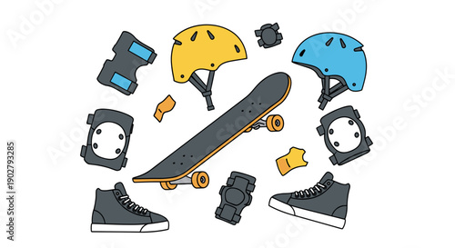 Skateboarding Equipment and Safety Gear Collection.