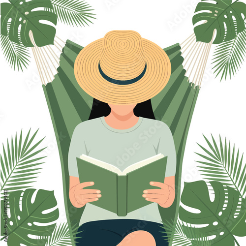 Woman in straw hat reading book in hammock surrounded by tropical leaves.