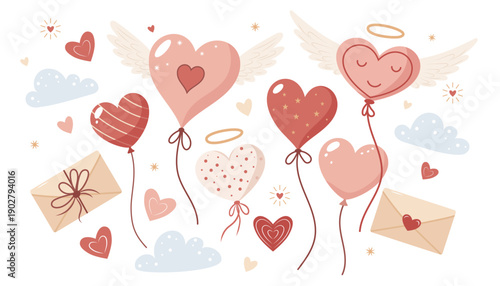 Soft dreamy heart elements set. Heart shaped balloons and love letters with wings and clouds.