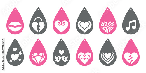 Set of Valentine's Day teardrop designs with hearts for earrings, pendant, keychain. Jewelry cutting template with symbols of love. Laser cut with leather, wood or metal. Beautiful hanging bijouterie