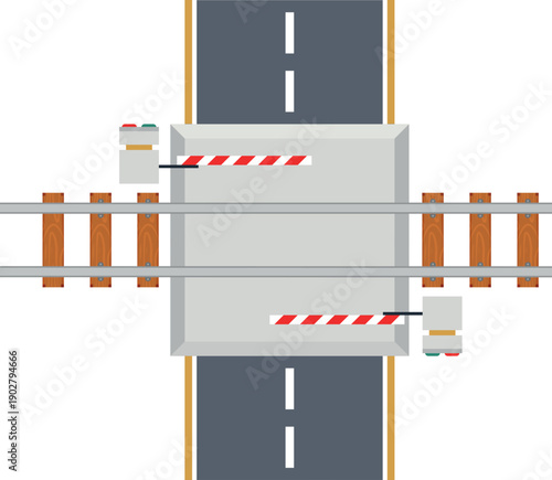 Railway crossing road top view. Street path