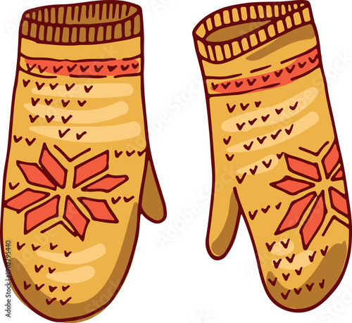 Winter mittens drawing. Hand drawn knitted gloves