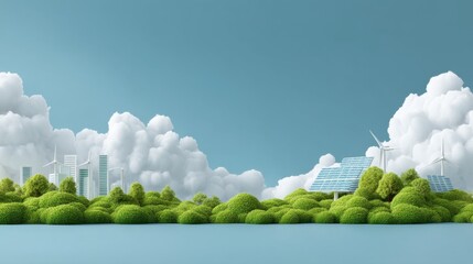 Futuristic eco-friendly landscape with lush greenery, renewable energy sources, and modern city skylines under bright blue skies and fluffy white clouds