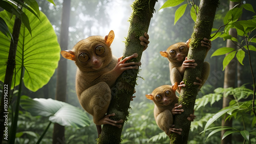 Group of tarsiers sitting on tree branch in tropical rainforest, big expressive eyes, exotic wildlife, natural habitat, jungle ecosystem, and primate life.