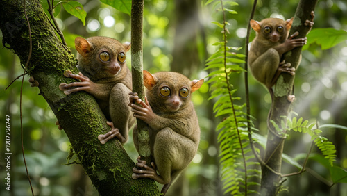 Group of tarsiers sitting on tree branch in tropical rainforest, big expressive eyes, exotic wildlife, natural habitat, jungle ecosystem, and primate life.