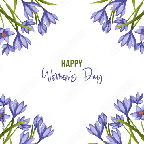 Hand-painted watercolor crocus flowers illustration created as a delicate spring greeting design for International Women’s Day. Soft floral composition in gentle pastel tones symbolizing femininity