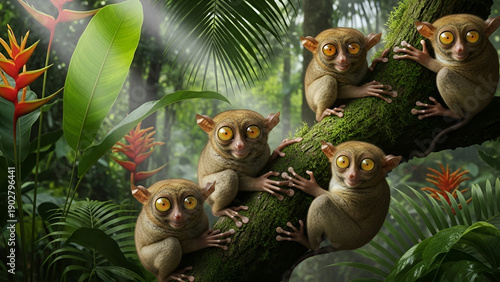 Group of tarsiers sitting on tree branch in tropical rainforest, big expressive eyes, exotic wildlife, natural habitat, jungle ecosystem, and primate life.