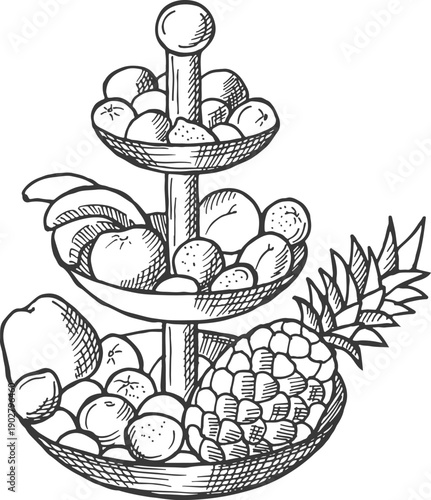 Fruit platter sketch. Served fresh food drawing